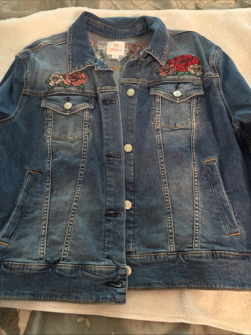 LuLaRoe Blue Denim Jacket with Rose Embroidery